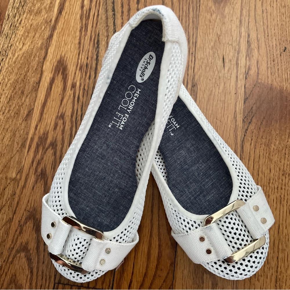 Dr. Scholl's White Mesh Flats with Gold Buckle